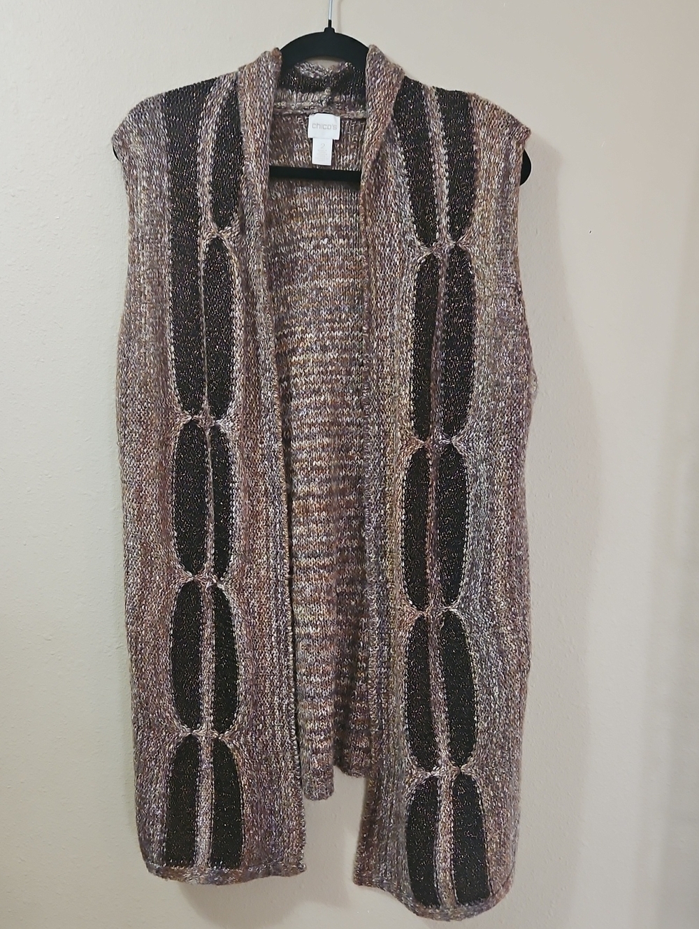 Chico's Taupe Marled Sleeveless Open-Front Cardigan with Black Panels